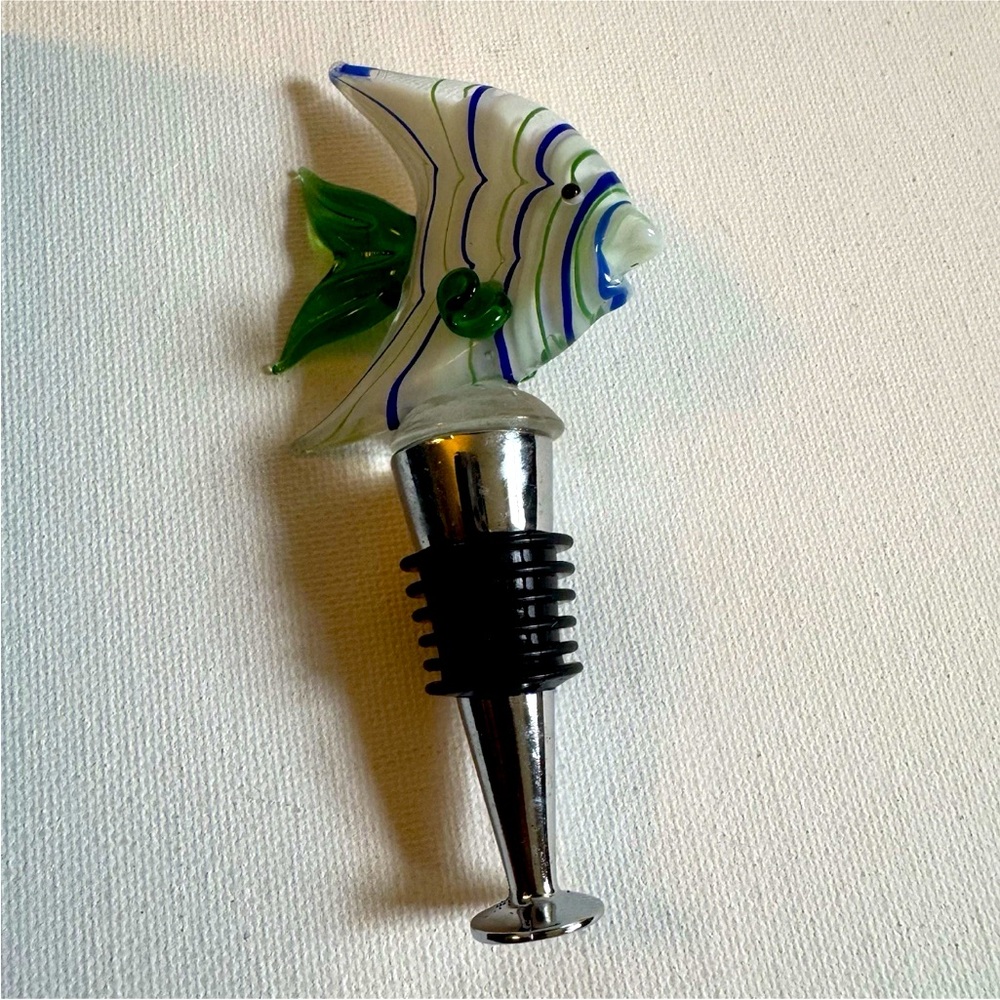 Handmade Glass Fish Wine Bottle Stopper Murano Style 5” Green Fins Striped